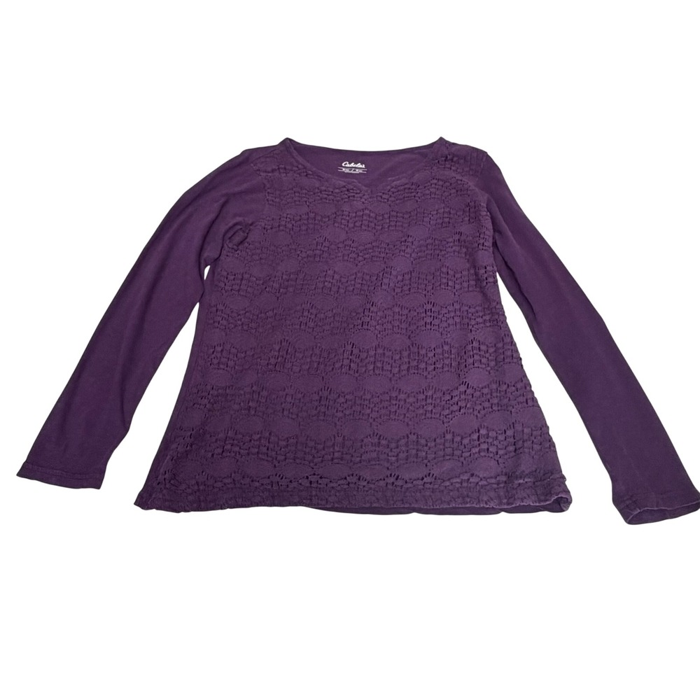 Cabelas Womens Purple Long Sleeve Crochet Overlay Split Neck Cotton Top Size M